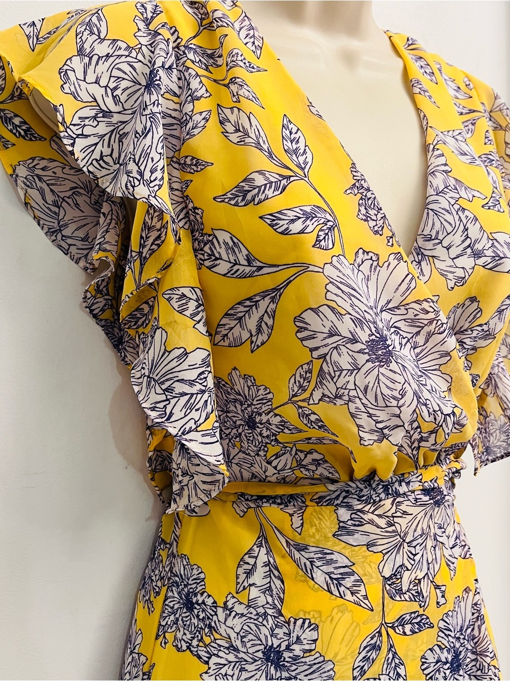 Japna Yellow Floral chiffon Flutter Sleeve Faux Wrap Midi Dress